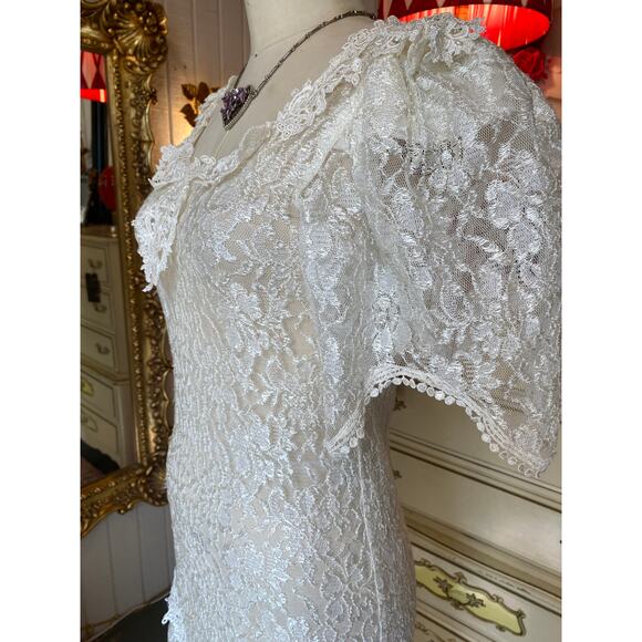 vintage 1980s sheer lace mermaid hem dress with flutter sleeves small wedding - Picture 5 of 10